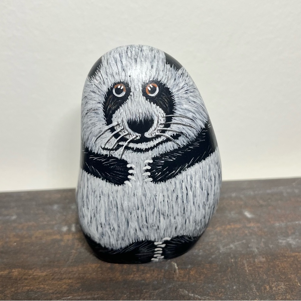 Panda Bear Hand painted Handmade Rock Stone Garden Art Shelf Decor Office Decor